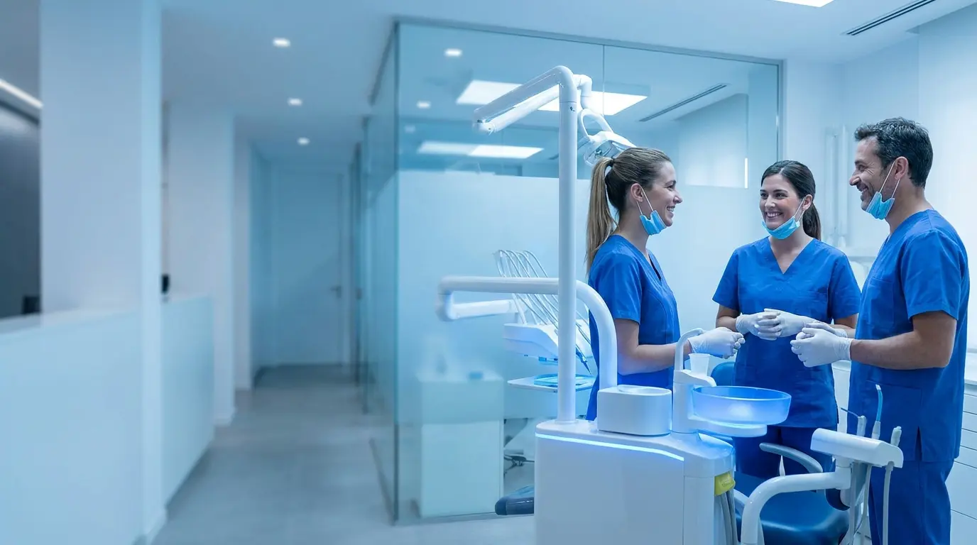 Professional dental office interior showing high-end equipment and sterile modern design
