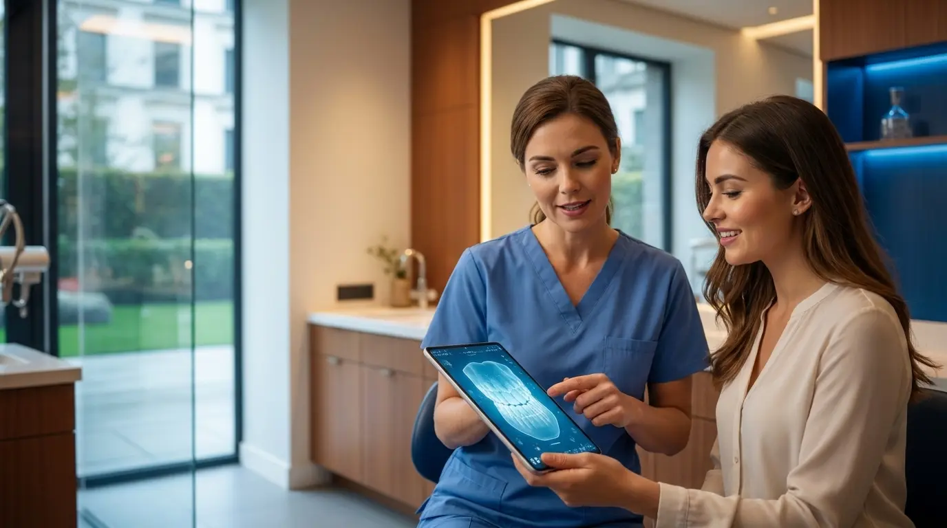 Professional dental office interior showing high-end equipment and sterile modern design